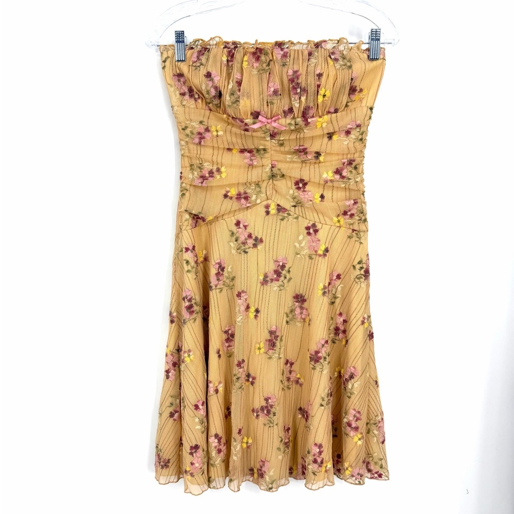✨90s Y2K Dress XS-S Tube Coquette Fairy Romantic Bow Ruched Waist Milkmaid USA
